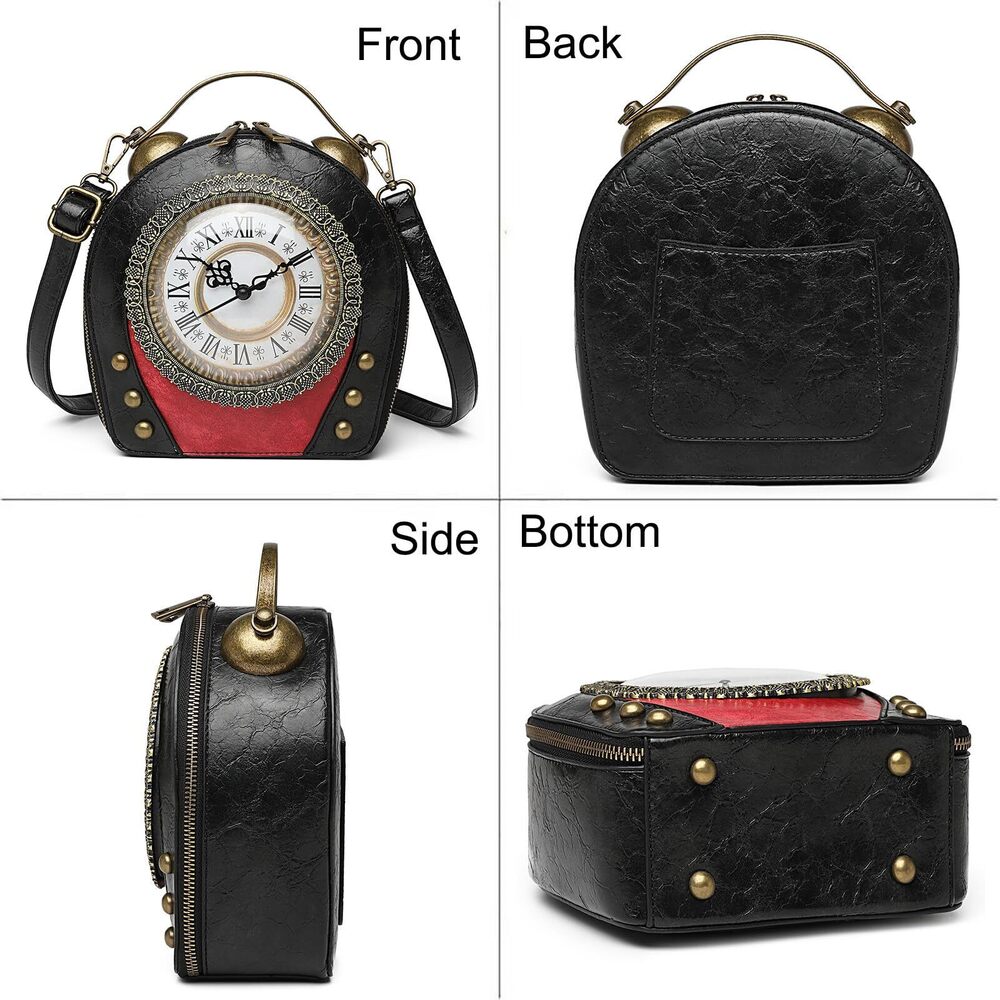 6626 PVC Clock Shaped Handbag Crossbody Shoulder Bag Clock Purse, 1 Black - Picture 3 of 7